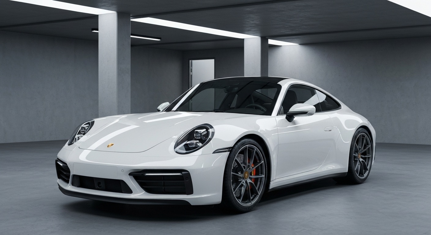 Porsche 911 992 Carrera vue trois-quarts avant en garage