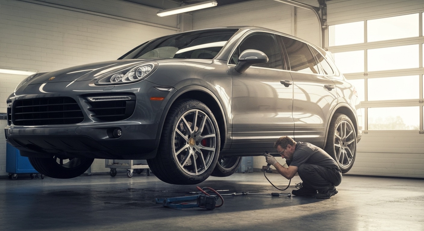 Porsche Cayenne diesel occasion inspecté en garage par un mécanicien