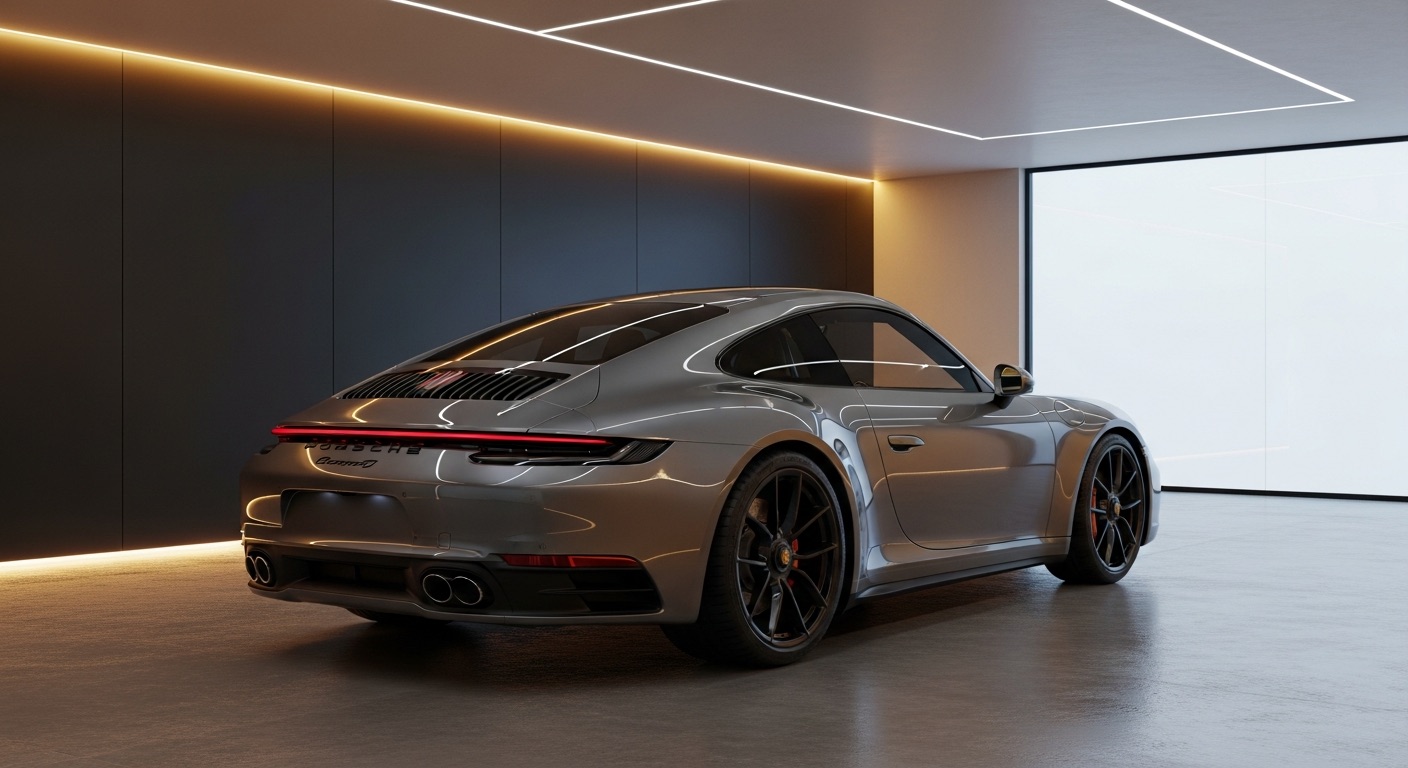 Porsche 911 992 GTS occasion garée dans un garage, vue trois-quarts avant