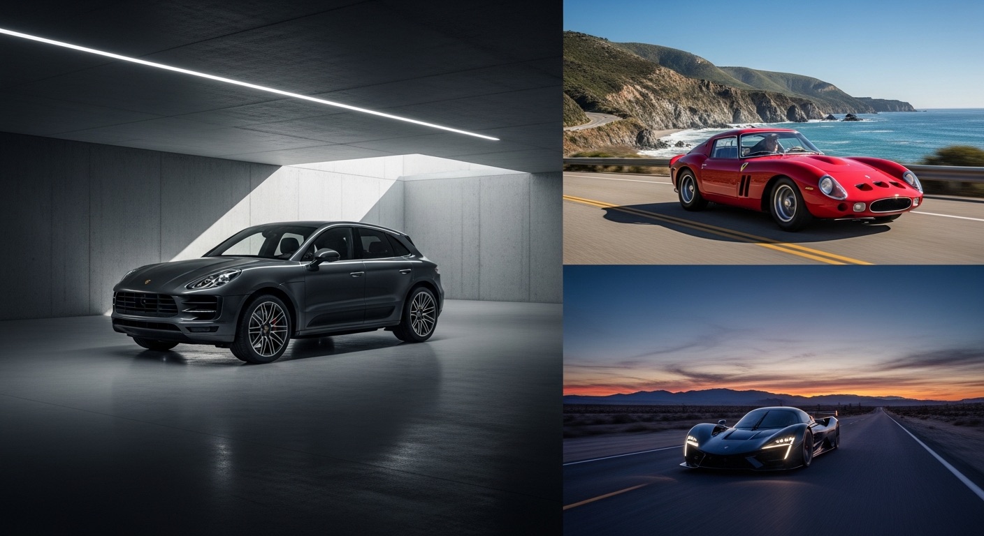 Porsche Macan GTS gris foncé garée dans un garage moderne, vue latérale sportive