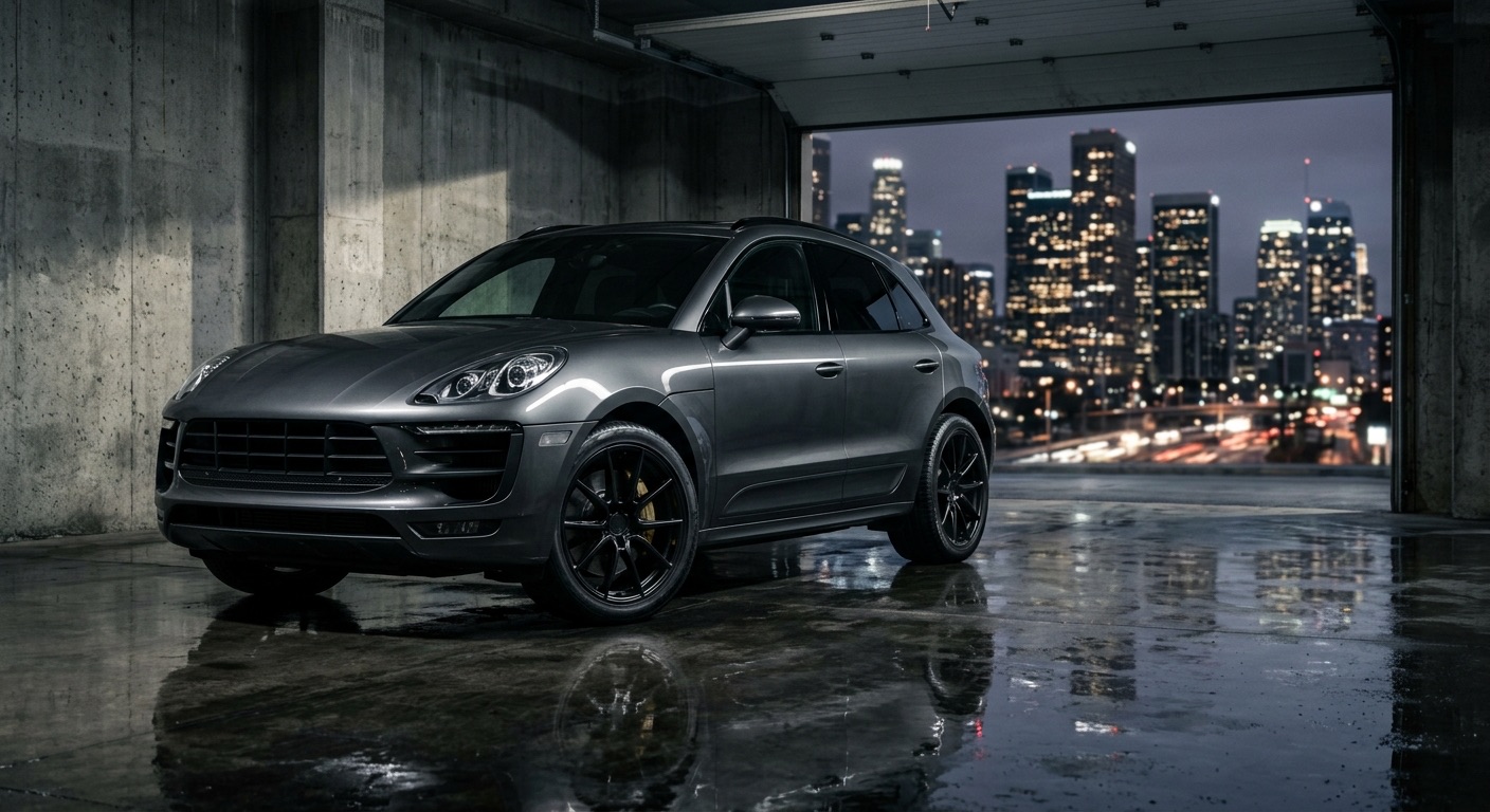 Porsche Macan Turbo gris foncé garé dans un garage moderne, vue trois quarts avant