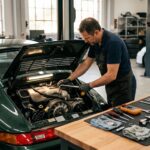 Mécanicien effectuant un entretien préventif sur une Porsche 911 en atelier
