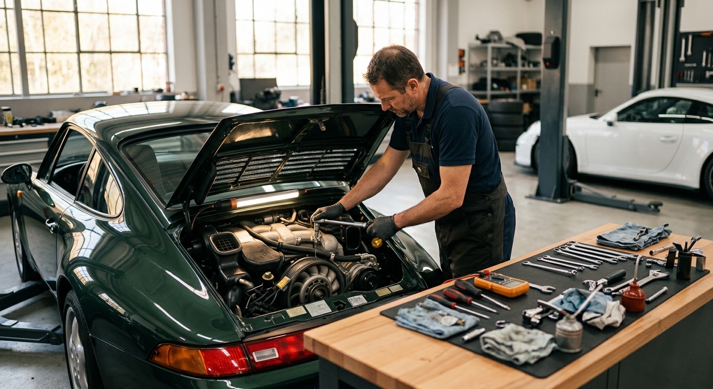 Mécanicien effectuant un entretien préventif sur une Porsche 911 en atelier