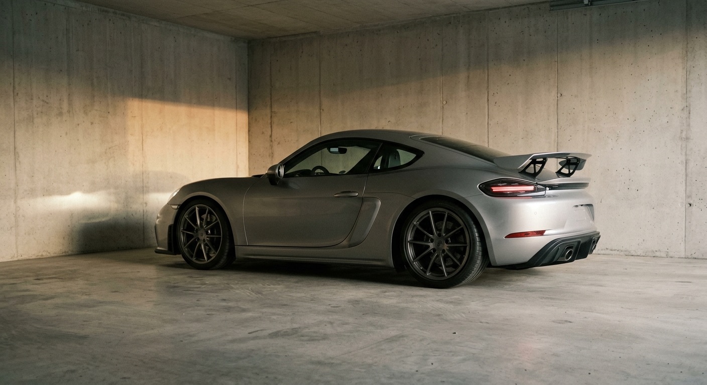 Porsche Cayman GT4 RS grise avec aileron fixe, garée dans un garage en béton