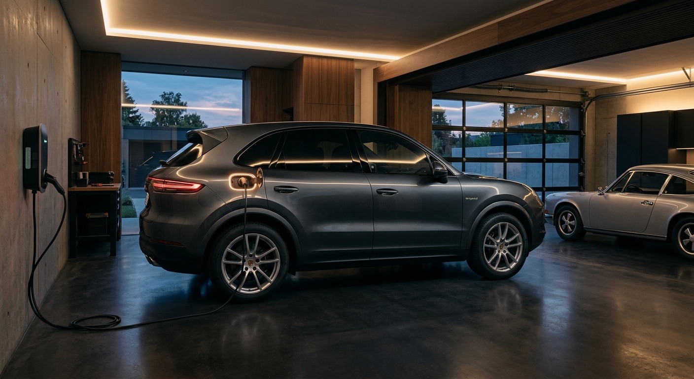 Porsche Cayenne hybride branché à une borne de recharge dans un garage
