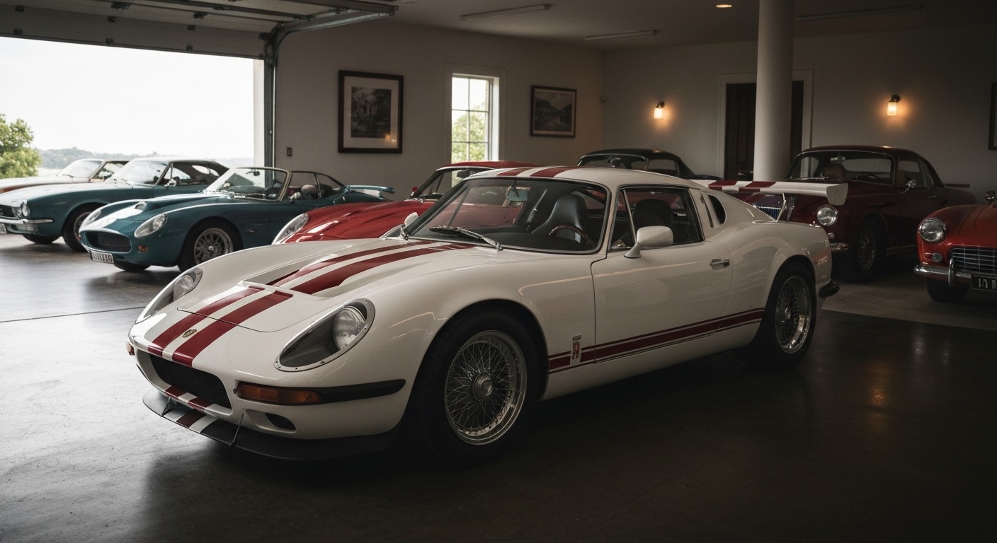 Porsche 911 édition limitée de collection garée dans un garage privé aux côtés d'autres voitures rares