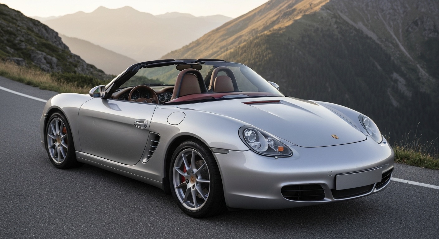 Porsche Boxster Spyder argent sur route de montagne, capote manuelle et becquet double-bossage