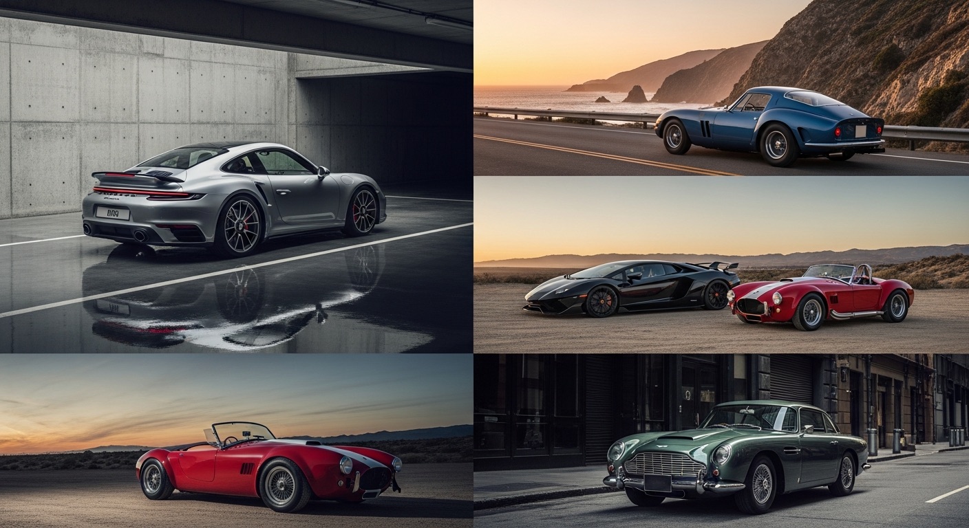 Porsche 992 Turbo S grise garée dans un garage moderne, vue de trois quarts