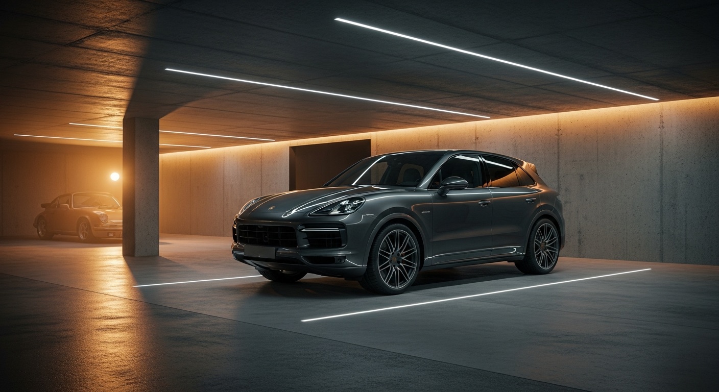Porsche Cayenne Turbo garée dans un garage moderne, illustration guide d'achat occasion
