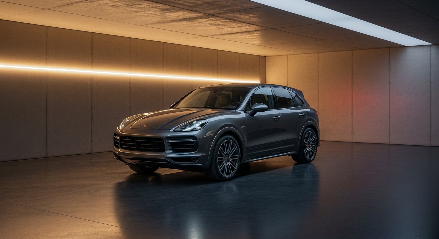 Porsche Cayenne GTS gris garée dans un garage moderne, vue trois quarts