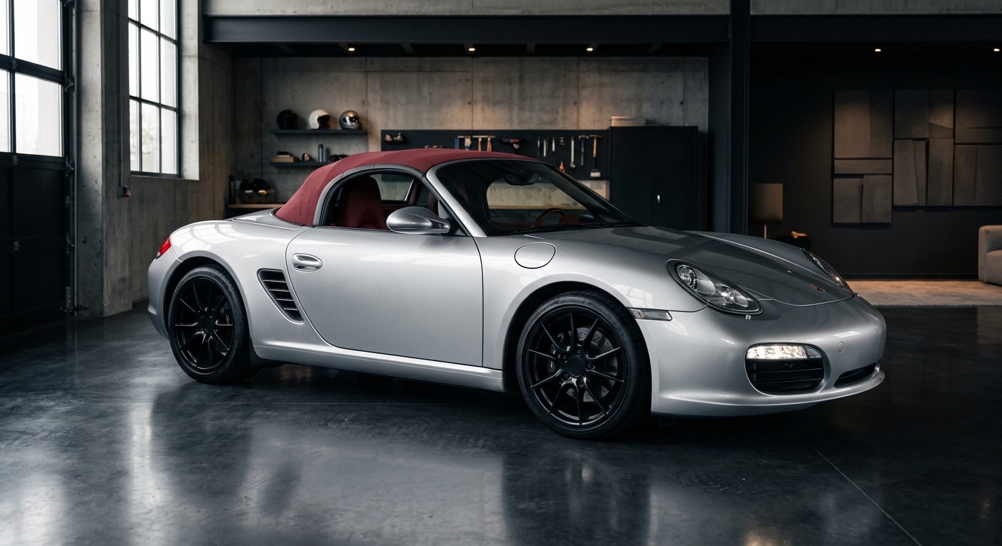 Porsche Boxster série spéciale argent à capote rouge dans un garage éditorial