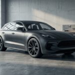SUV sportif haut de gamme gris foncé garé dans un garage moderne au sol en béton poli, évoquant un Porsche Cayenne Turbo S occasion