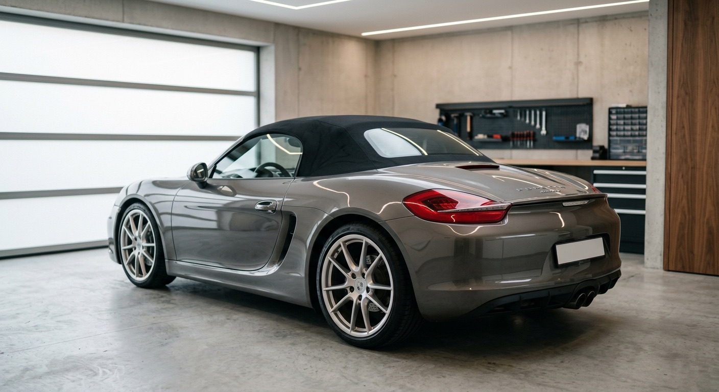 Porsche Boxster gris avec capote noire relevée, vue arrière trois-quarts dans un garage moderne