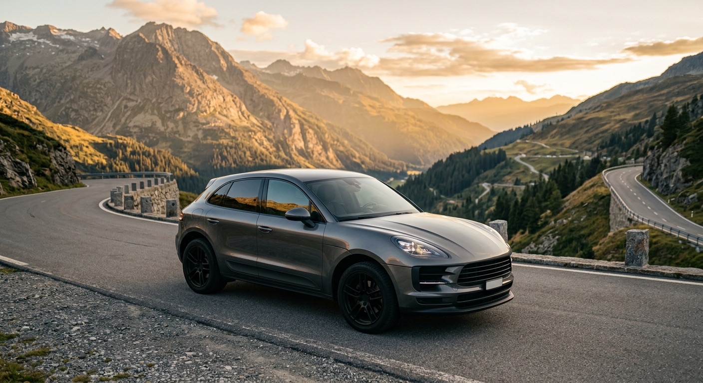 Porsche Macan gris sur une route de montagne au coucher du soleil